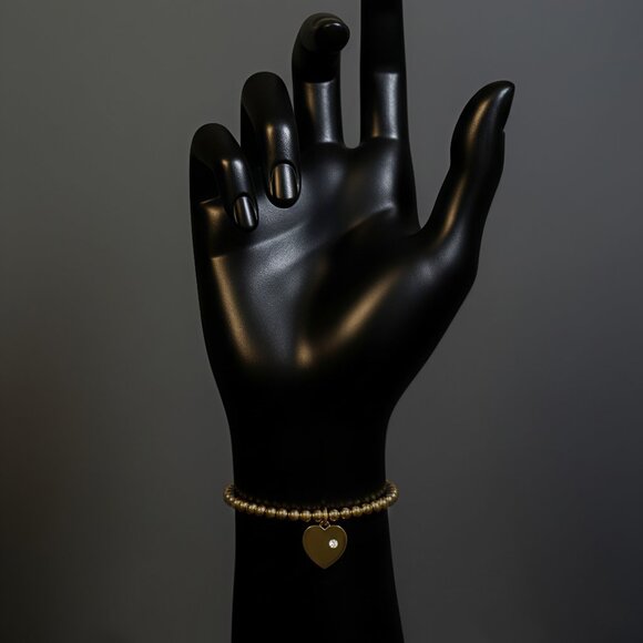 Beaded Heart 14K (or 18K upon request) Charm Diamond Accent Bracelet - Picture 4 of 5